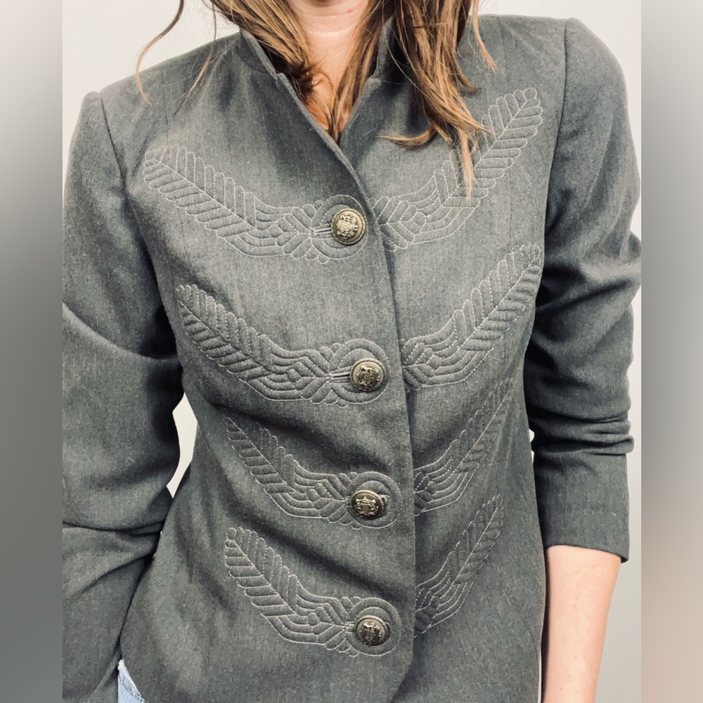CAbi Military-Inspired Gray Blazer Jacket – Stand Collar – Size 8